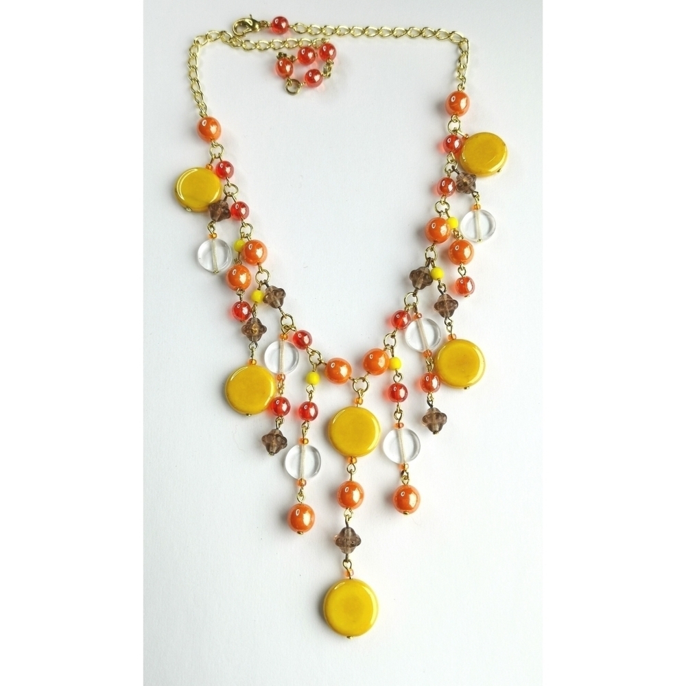 Vintage Czech Handmade Pressed Glass Beaded Yellow Necklace